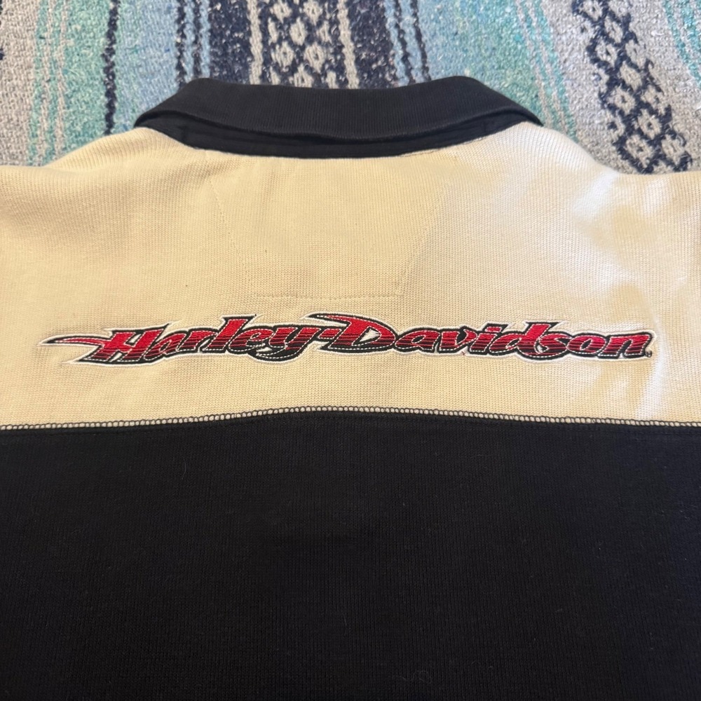 Harley-Davidson Mens Long Sleeve Polo Rugby Shirt Black Cream Racing Stripe - Picture 4 of 10
